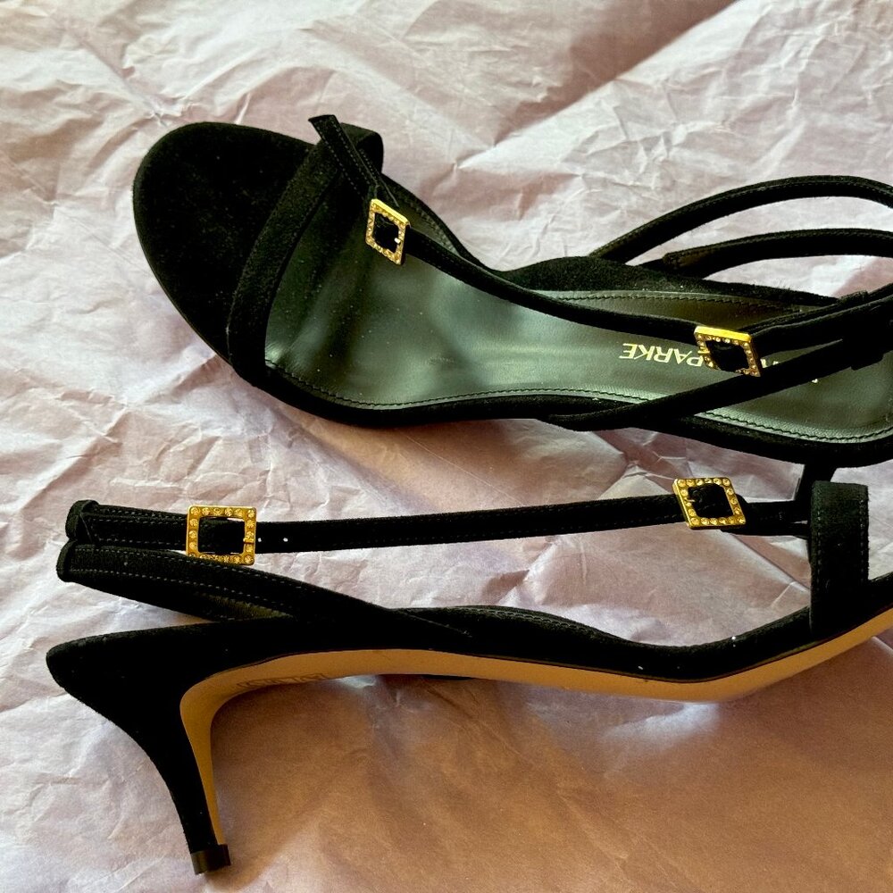 Marion Parke Isa Leather Crystal Buckle Sandals Black Heel Size 40 US 9.5 NEW